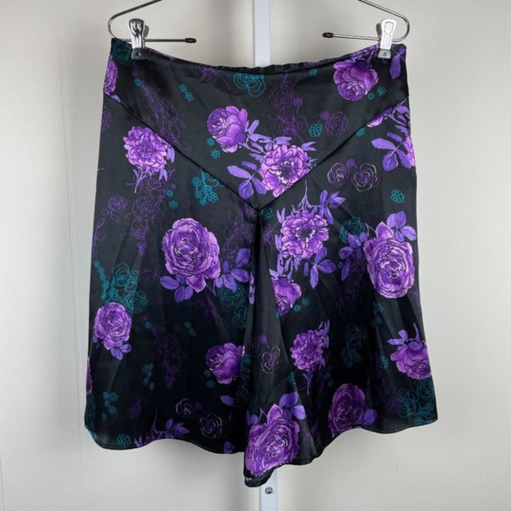 Star City Vintage Y2K Skirt Satin Black Purple Floral Flower Size 9